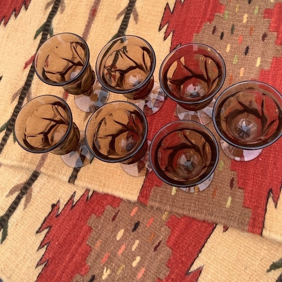 Vintage Set 7 Fostoria Jamestown Stemmed Juice Goblets Glasses Smoked Amber - Picture 2 of 6